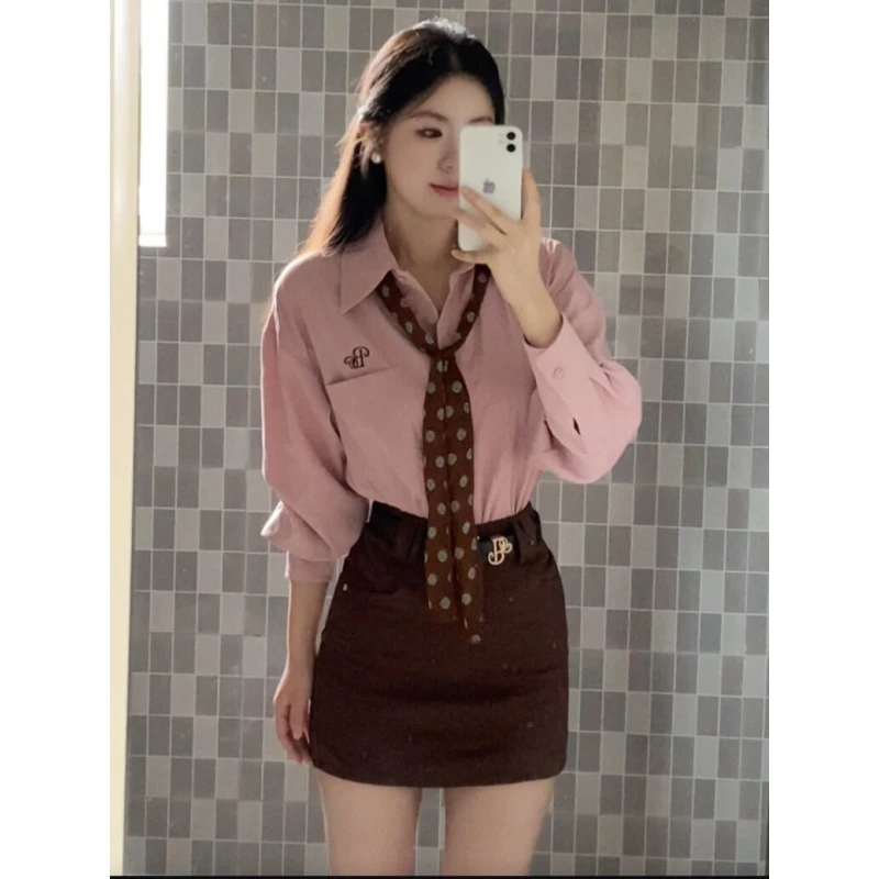 parkyeon韩系学院风粉色衬衫女搭配包臀A字裙秋季新款时尚套装