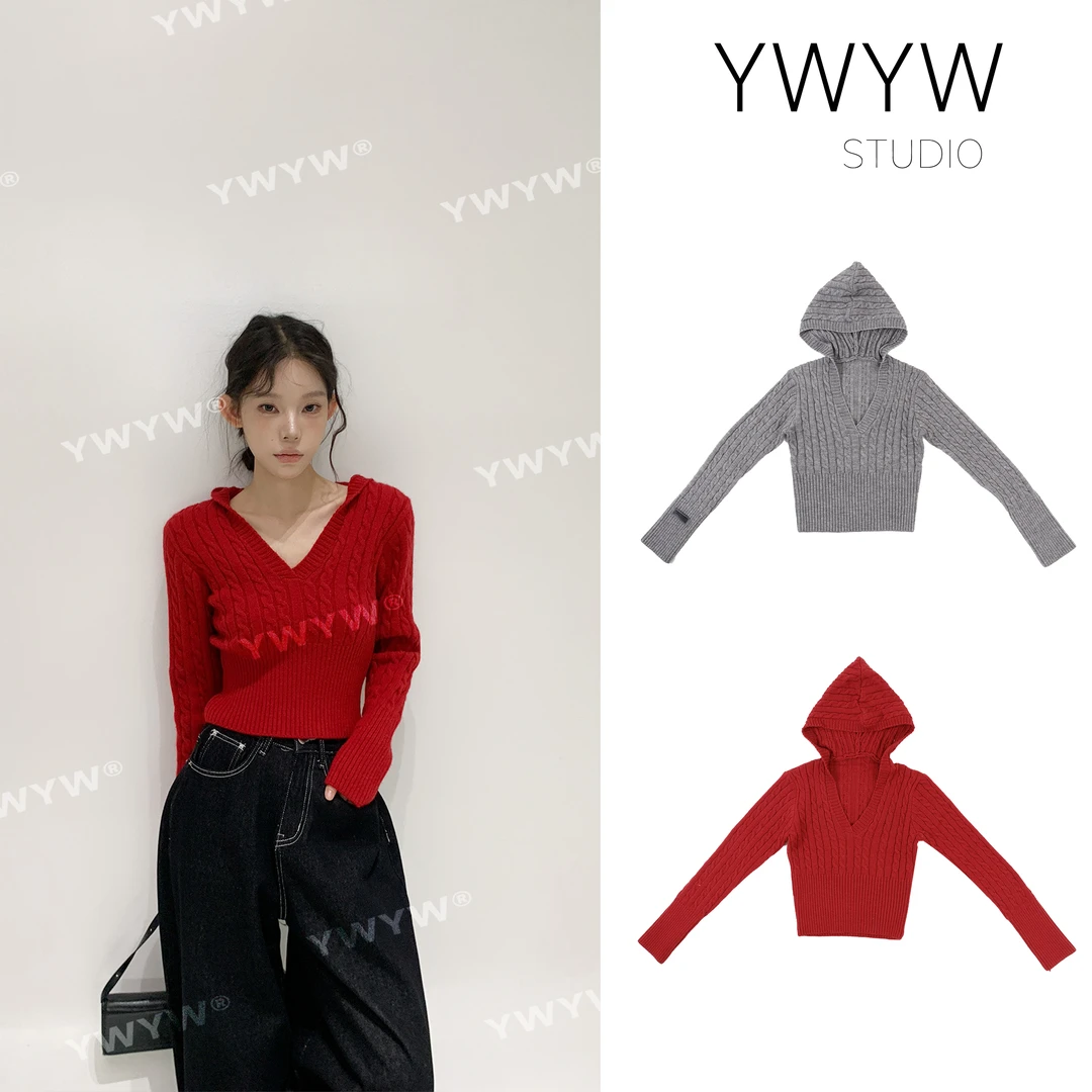 【YWYW25S/S】新年氛围连帽深V领螺纹针织百搭长袖套头毛衣3522