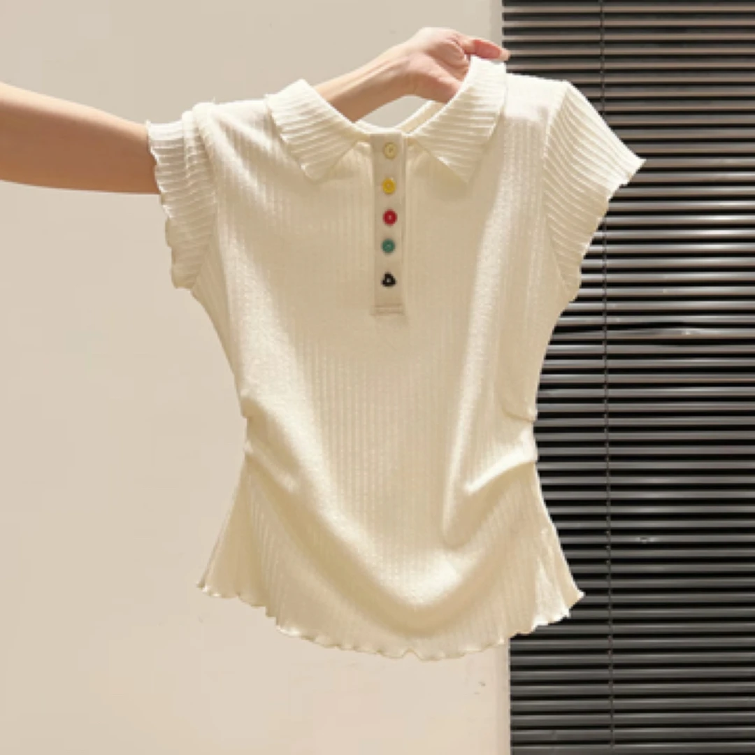 韩系polo领彩色纽扣短袖t恤女2025年夏季新款木耳边收腰褶皱上衣