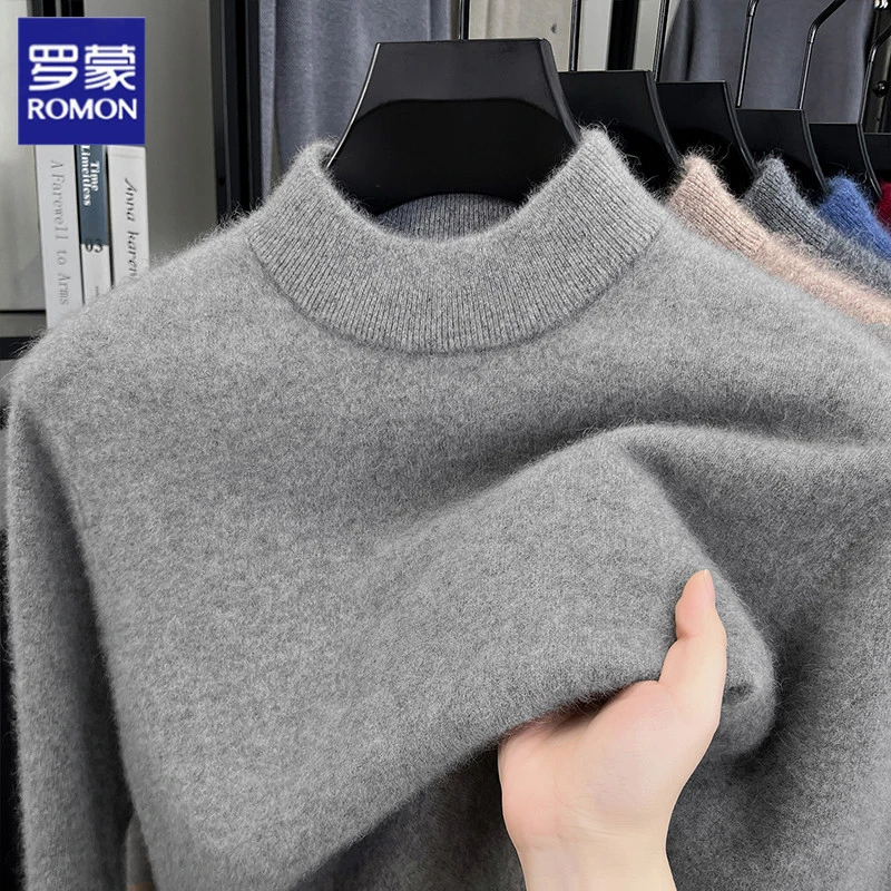 罗蒙2025冬季针织衫男士半高领加厚毛衣套头针织衫内搭休闲羊绒男