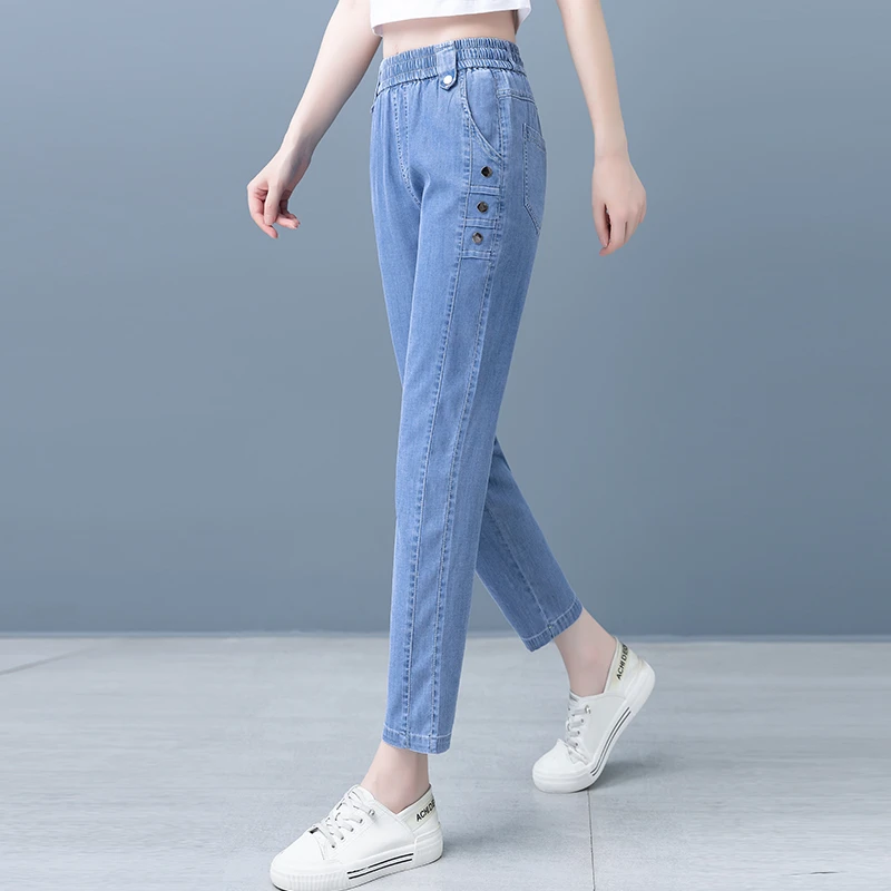 028天丝牛仔裤女薄款冰丝2025夏季新款高腰宽松阔腿显瘦垂感裤子