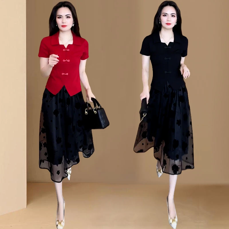 高含棉新中式翻领短袖t恤女2025夏季新款洋气国风盘扣小个子上衣