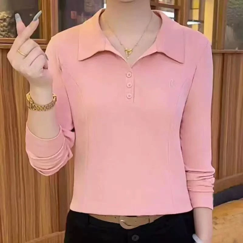 2025女士春秋季纯色薄款长袖洋气妈妈T恤新品高档时尚大码翻领