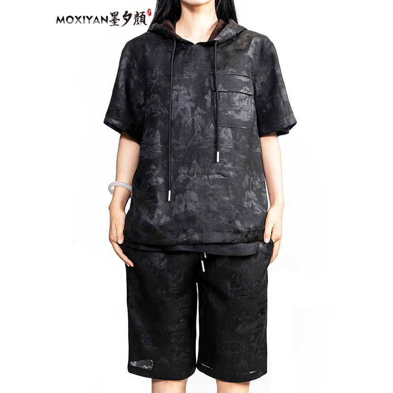 【墨夕颜】2025夏季桑蚕丝男装 满罗短袖帽衫 两件套-MH-910-T