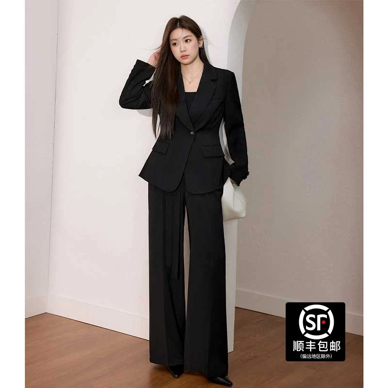 蓝语大码女装显瘦加大西装外套垂感加宽黑色直筒裤秋套装02901