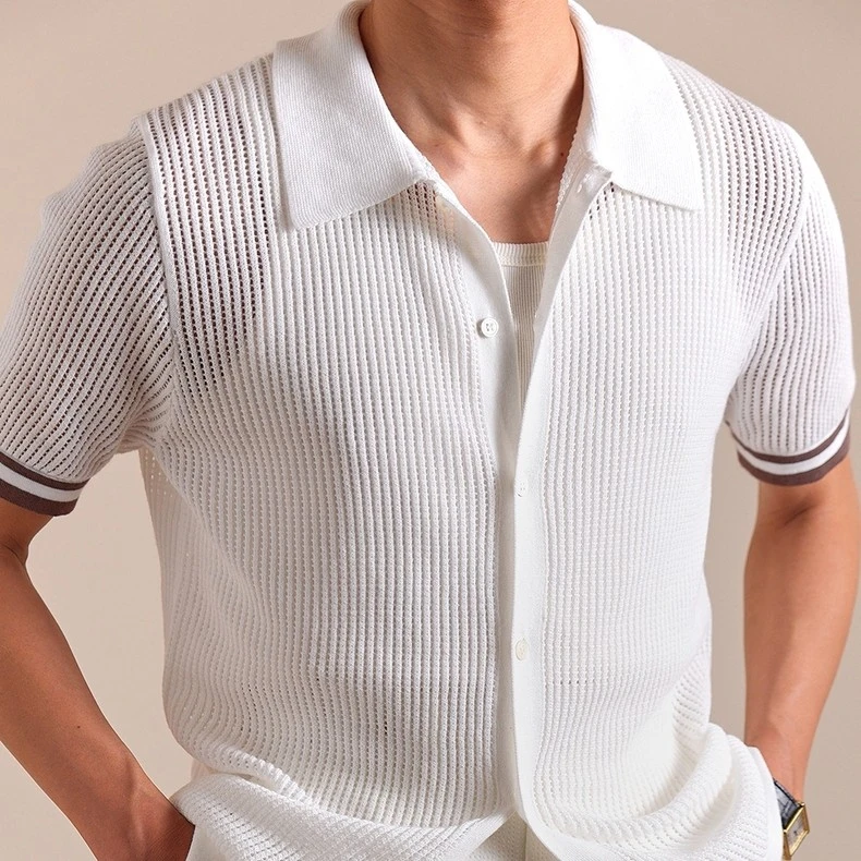 【轻薄棉麻混纺】常发修峰 米白色针织开衫polo短袖男休闲翻领上衣