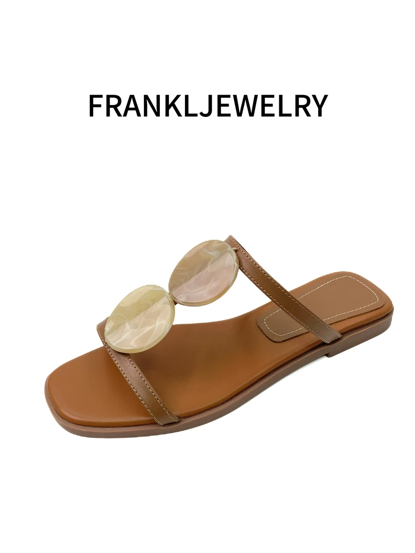 FRANKLJEWELRY法式方头修面皮低跟拼色时装凉鞋软底平底甜辣千金