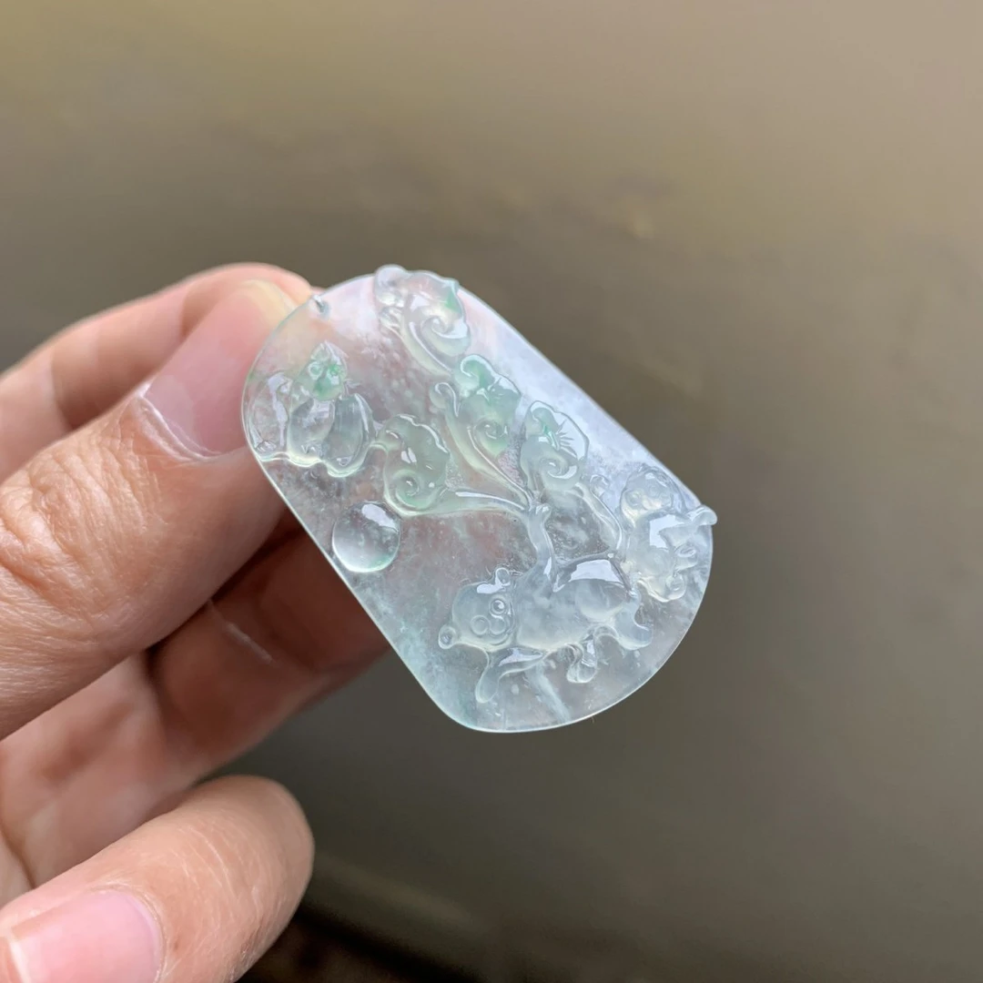 天然翡翠冰种如意吊坠挂件 正品A货 福在眼前 欢欢喜喜 可透字