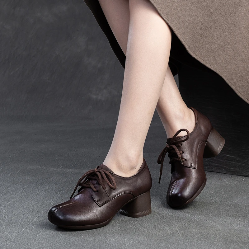 25516春款复古手工真皮中跟女鞋舒适软底头层牛皮妈妈鞋百搭单鞋