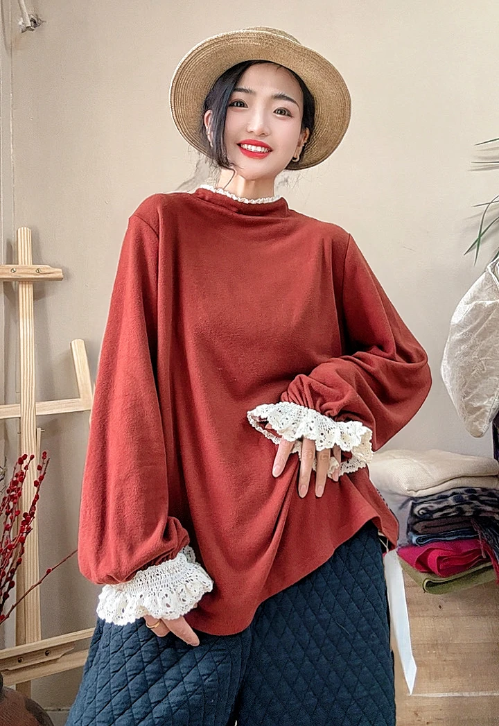 花边领德绒T恤2025冬季新款休闲百搭文艺风甜美拼接花边袖打底衫
