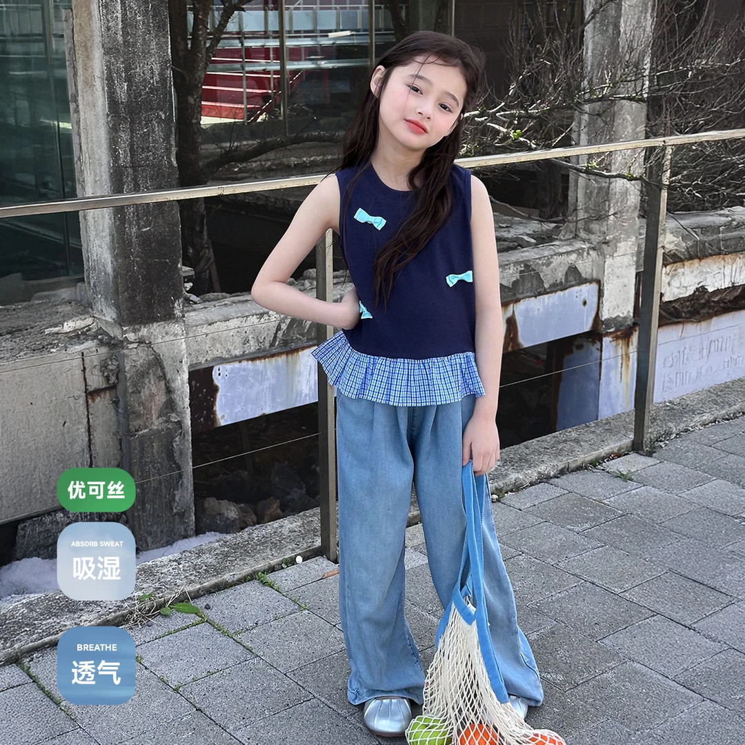 【跳跳糖】蓝小爸童装女童拼接格子背心夏季新款无袖圆领上衣