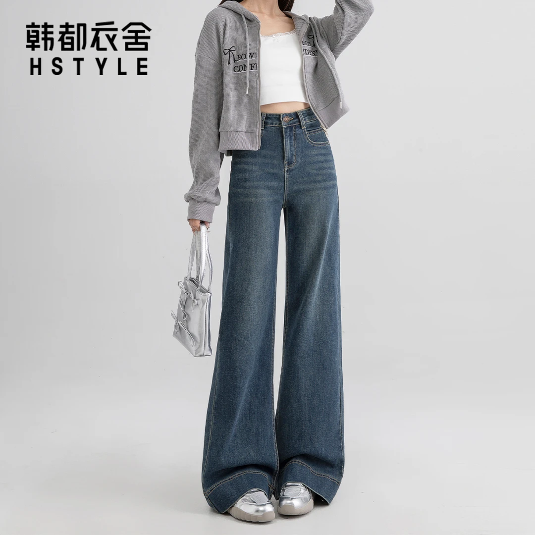 韩都衣舍复古蓝高腰阔腿牛仔裤女秋冬加绒弹力设计慵懒风拖地裤子
