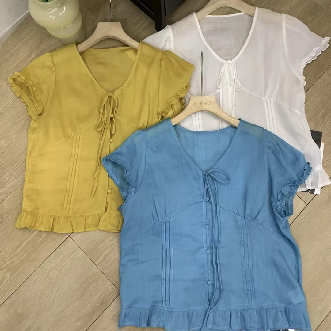 夏装新款V领系带蝴蝶结袖口木耳边小个子减龄上衣由89688