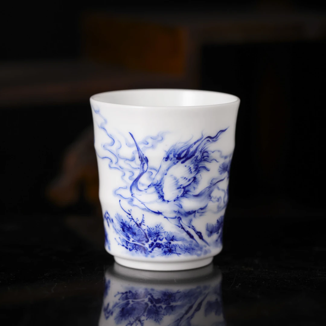 九段烧-九段妙手花鸟竹节杯（松鹤）-陶瓷主人杯手绘有差异
