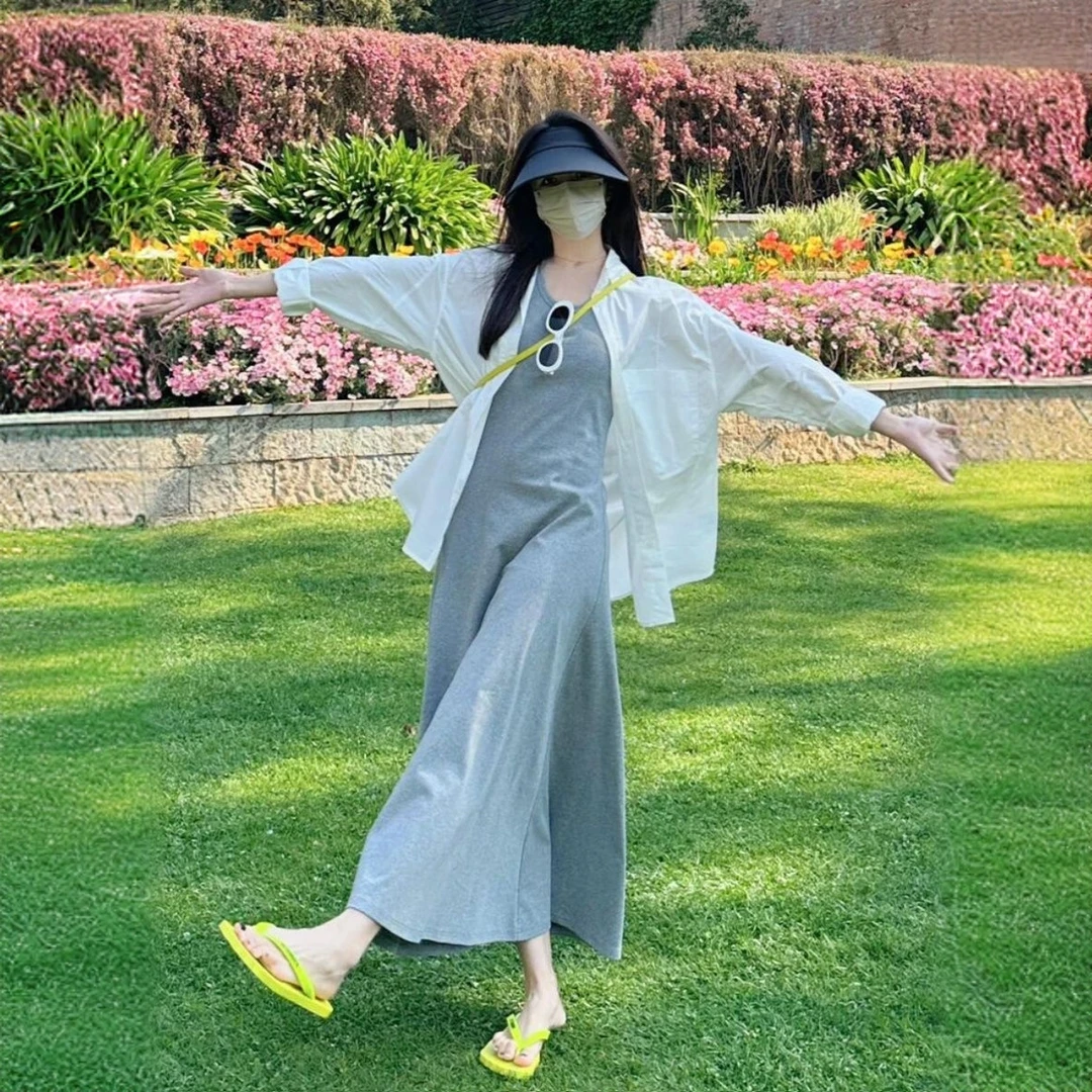 夏季新款防晒休闲套装女韩版大码气质衬衫衣吊带连衣裙宽松两件套