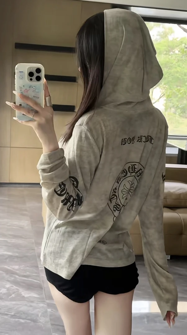 高版-水墨画梵文防晒薄款连帽开衫休闲松弛上衣夏季长袖衬衫外套