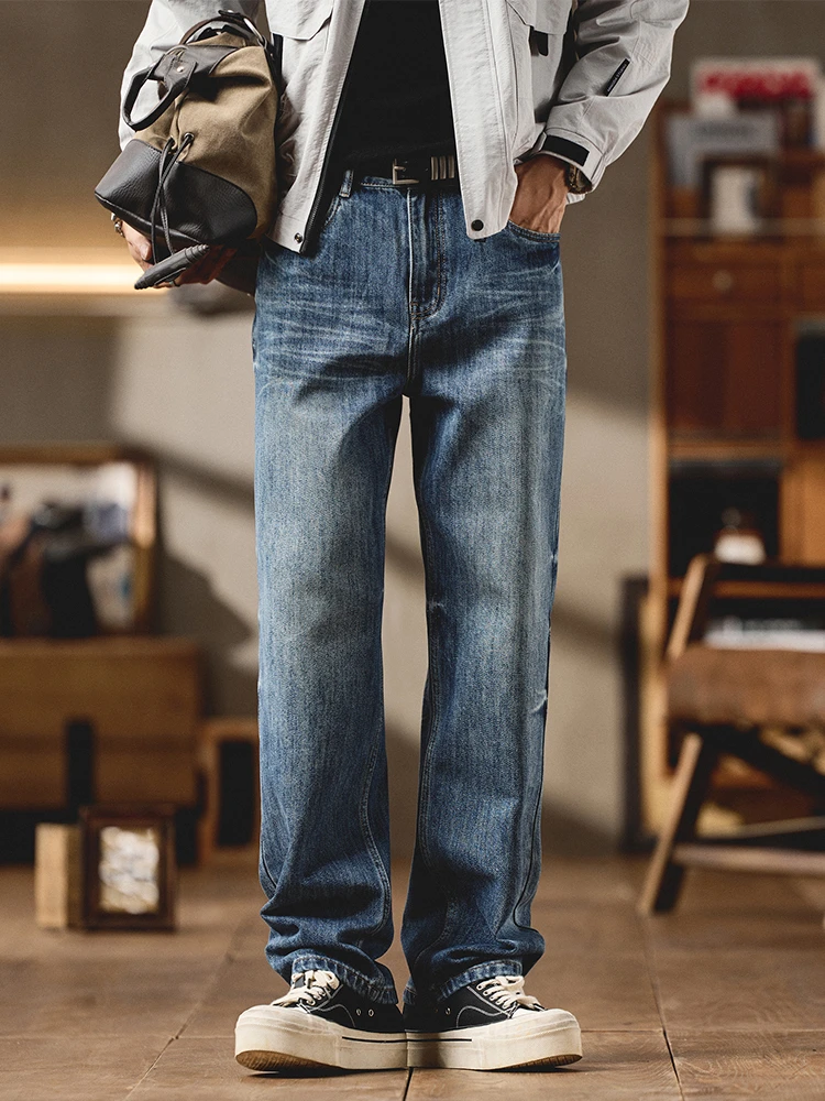 范希巴迪美式复古微锥蓝色牛仔裤男春秋季潮流直筒简约怀旧休闲裤