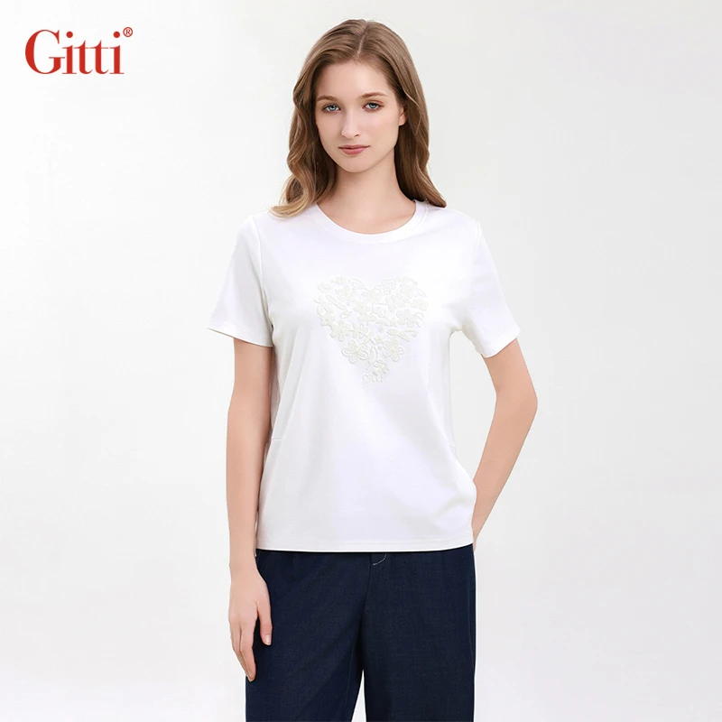 Gitti/吉蒂心形立体刺绣T恤女棉圆领大码优雅舒适短袖G251687