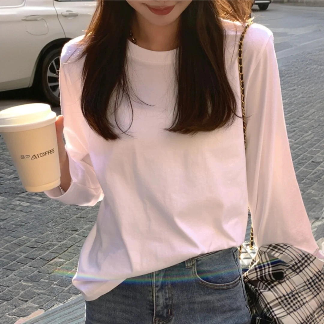 【8837】小个子打底衫长袖春秋白色纯棉百搭薄款学生纯色圆领