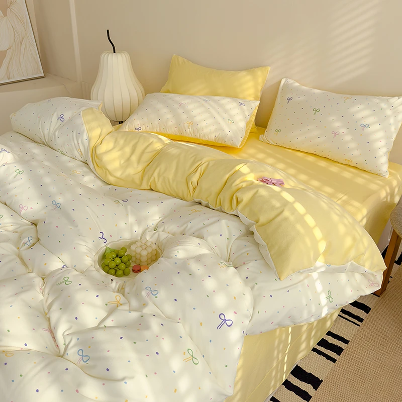 亲肤柔肤针织棉双层纱四件套简约时尚公主风床单款全学生三件被套
