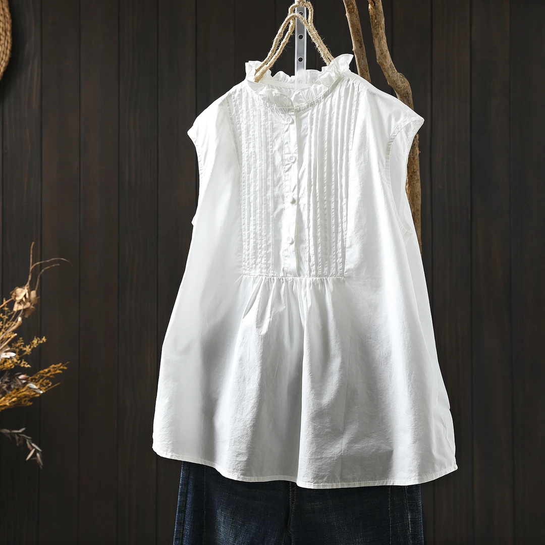 白色风琴褶木耳领纯棉无袖衬衫女2025夏新款减龄遮肉百搭套头上衣