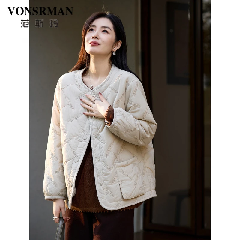 范斯玛时尚圆领刺绣夹棉外套女2025冬季新款简约气质百搭保暖棉服