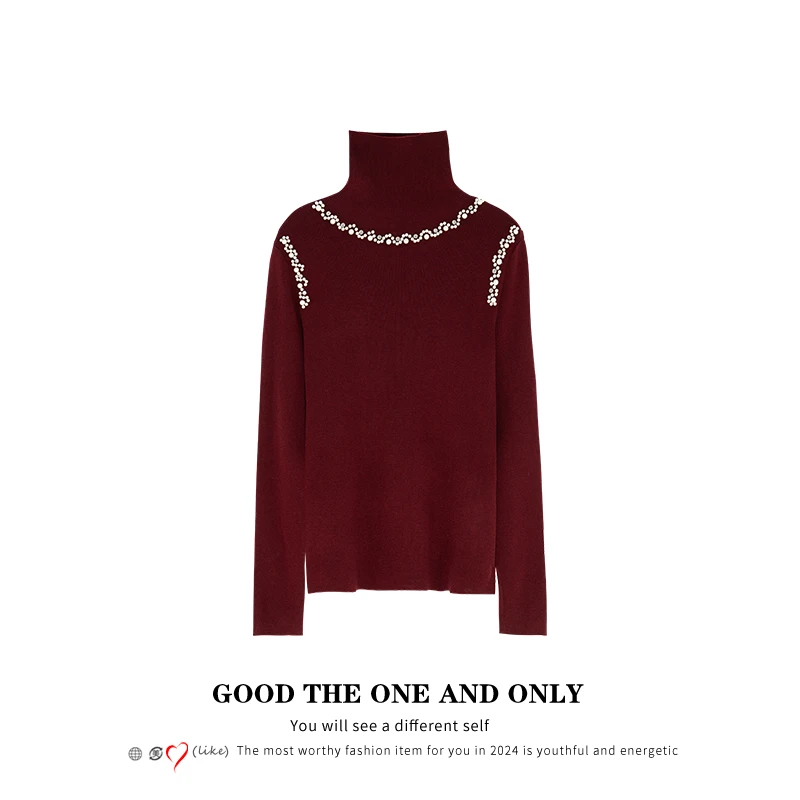 高级感重工钉珠高领打底衫欧货修身气质针织衫206