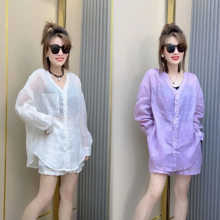 防晒薄款长袖V领衬衫阔腿短裤两件套