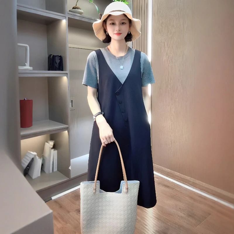 高级感收腰假两件连衣裙女2025夏季新款显瘦减龄气质休闲中长裙子