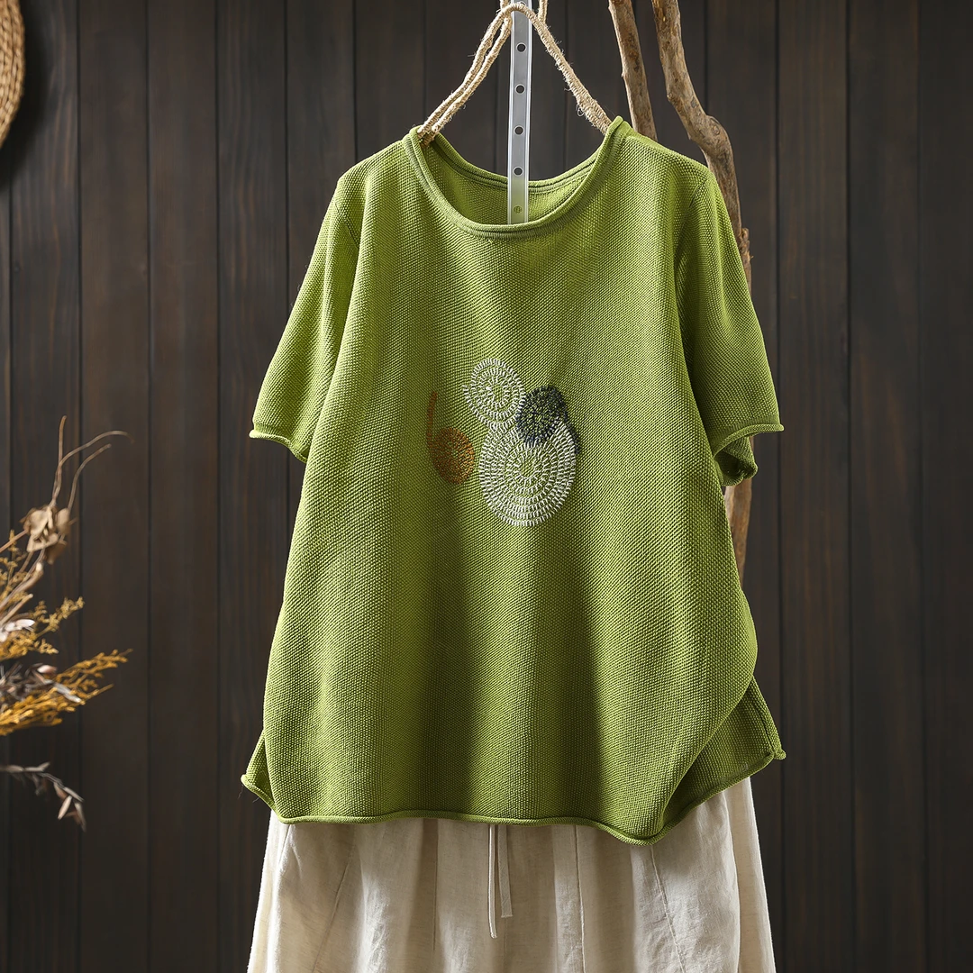 绿色针织短袖t恤女亚麻棉2025夏薄款新款设计感减龄百搭圆领上衣