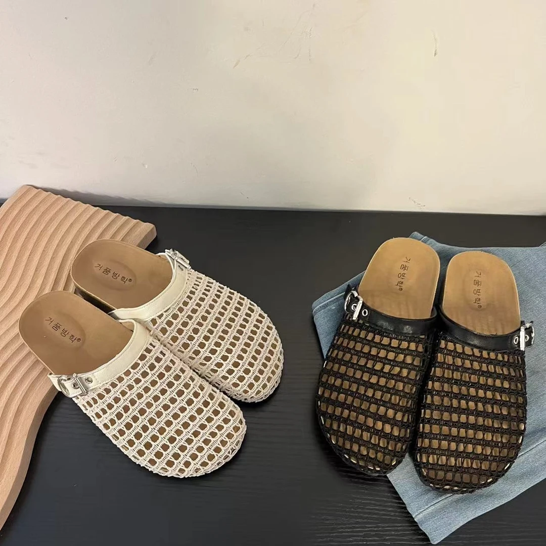 新款防滑包头方跟透气皮带装饰单鞋方头休闲编织凉拖鞋穆勒鞋平底
