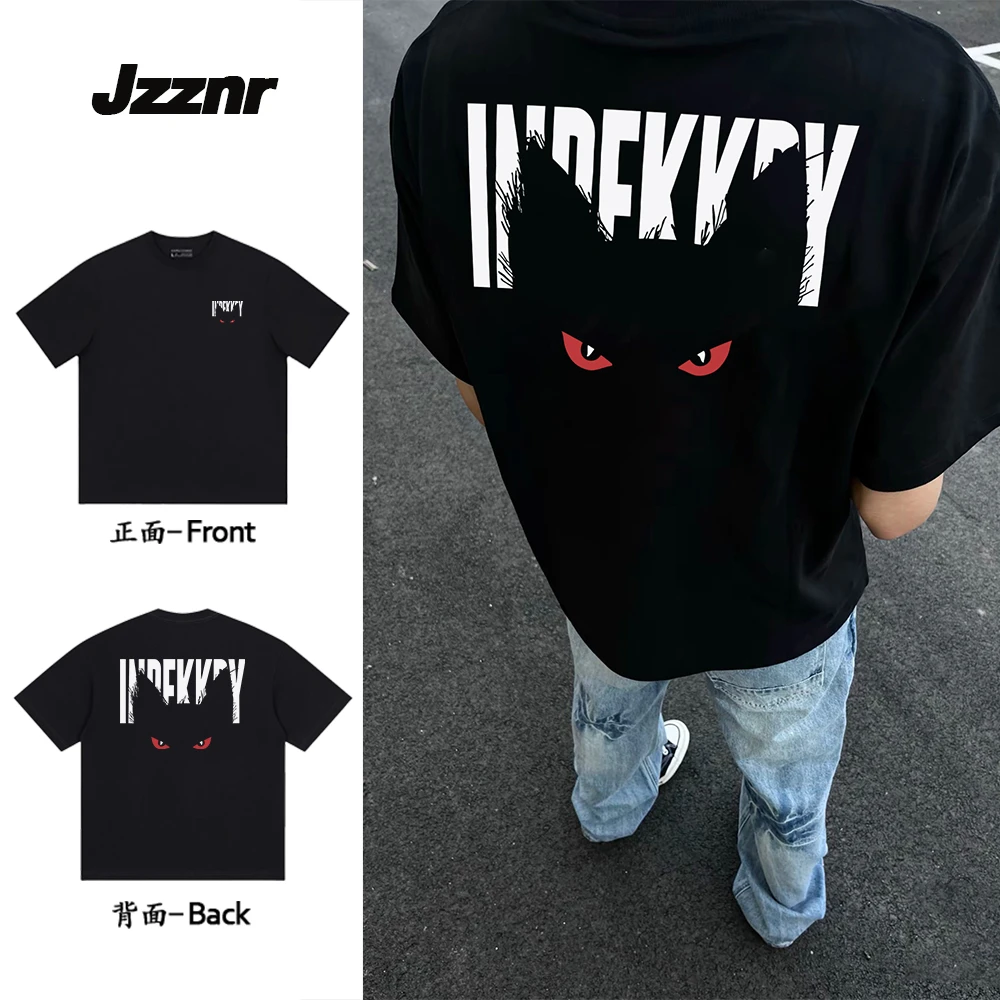 美式复古潮牌猫咪图案短袖t恤男生ins潮流圆领宽松纯棉小落肩半袖