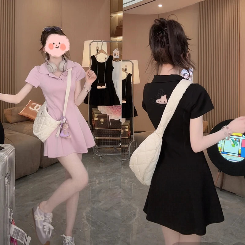 「小猫套裙」翻领后背镂空收腰蓬蓬连衣裙打底休闲裤套装