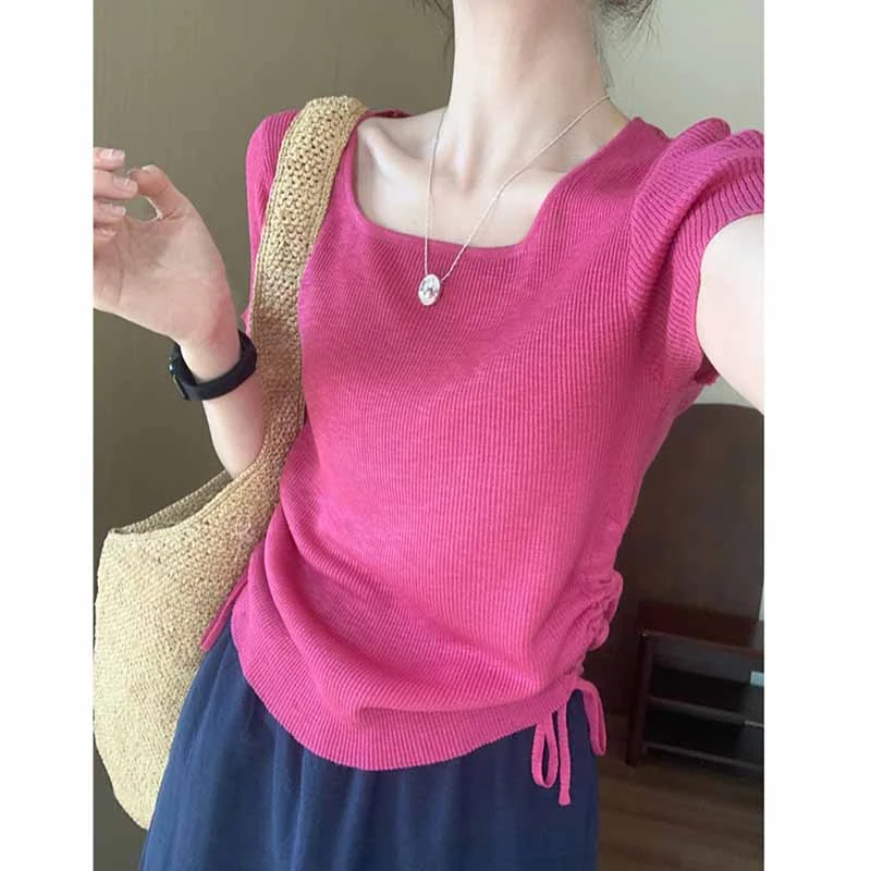 大码简约风方领抽绳冰丝短袖T恤女夏季微胖妹妹休闲气质纯色上衣