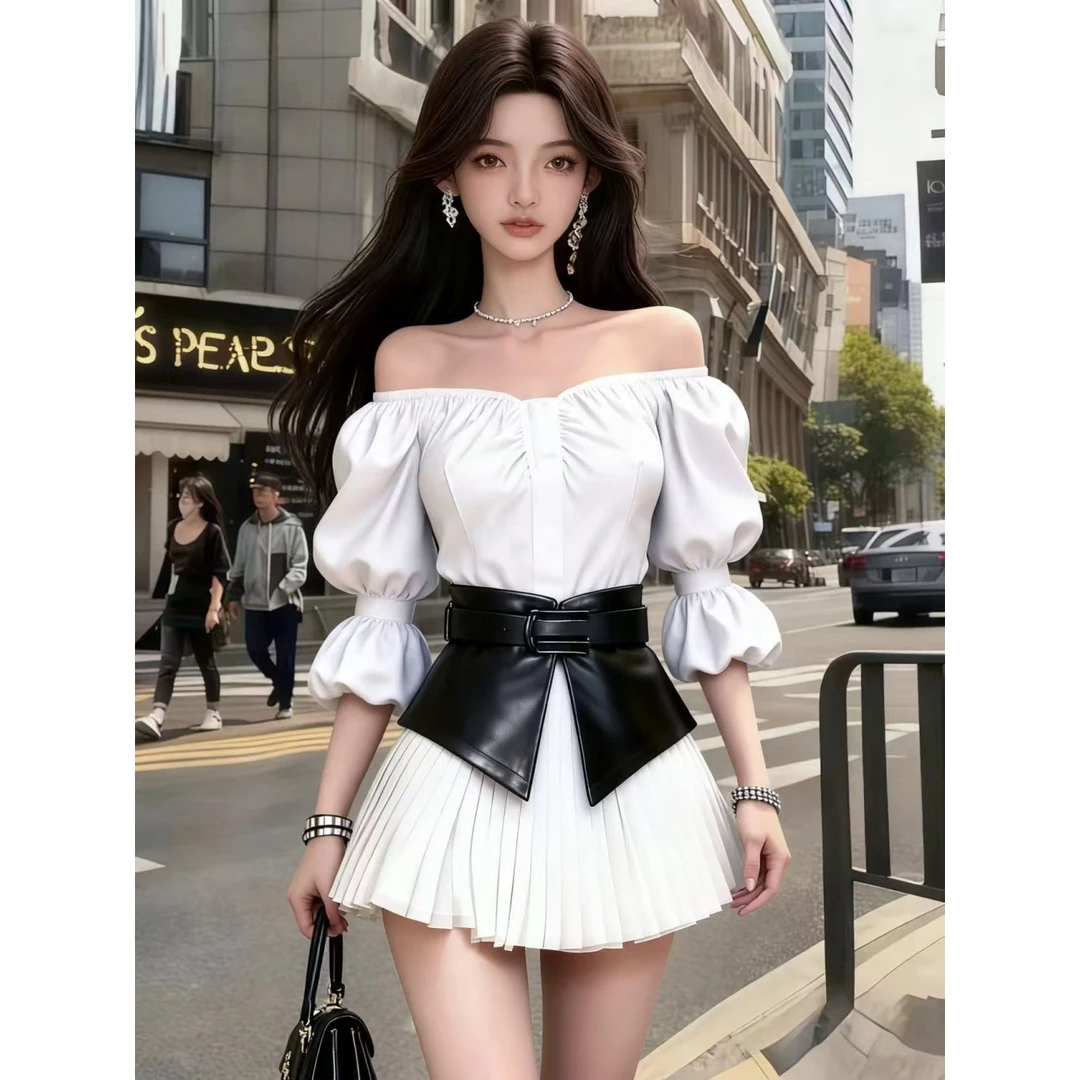 轻奢温婉知性风白色一字肩露肩设计感上衣+白色百褶半身裙两件套