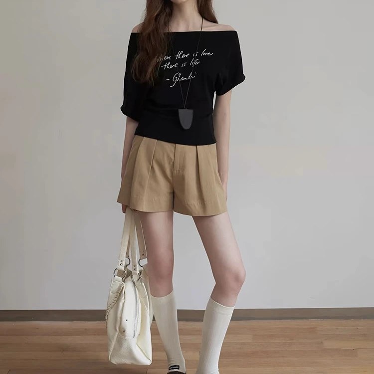 2506206纯色卡其色百褶短裤西装褶皱高腰女25春夏新款