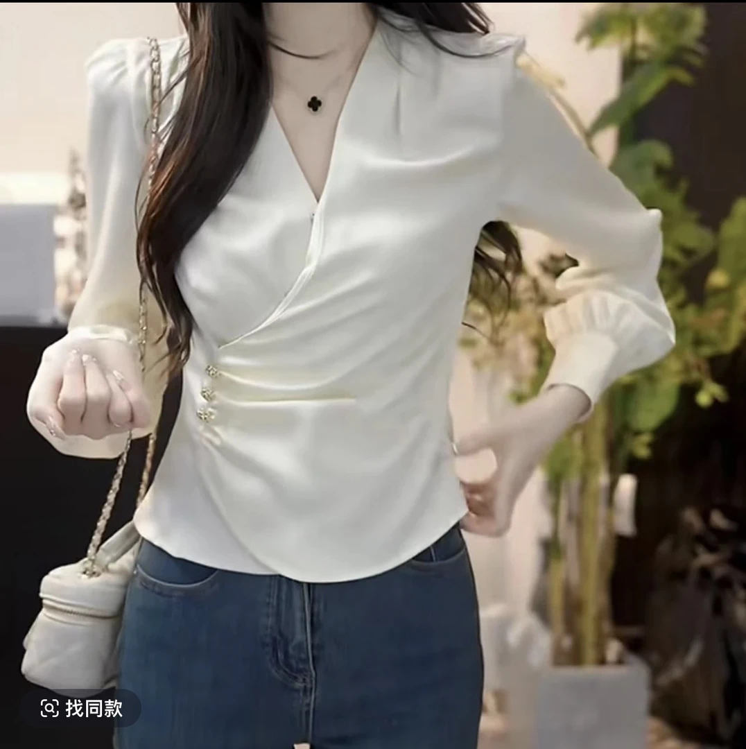 时尚气质设计感不规则缎面显瘦长袖打底衬衫女V领上衣