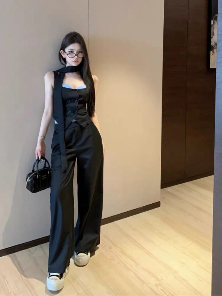 T4813时尚套装女夏季性感撞色蝴蝶结露背马甲高腰阔腿裤两件套