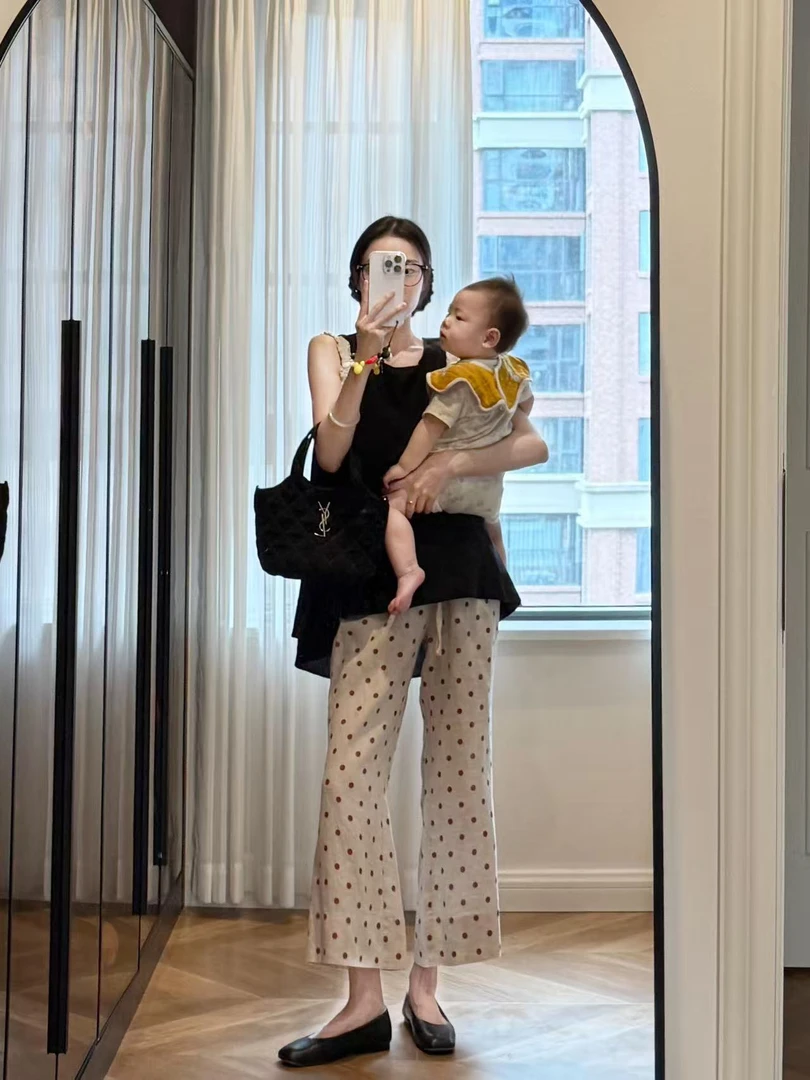 2025夏季新款韩系小飞袖吊带娃娃小衫无袖衬衫百搭波点休闲裤套装