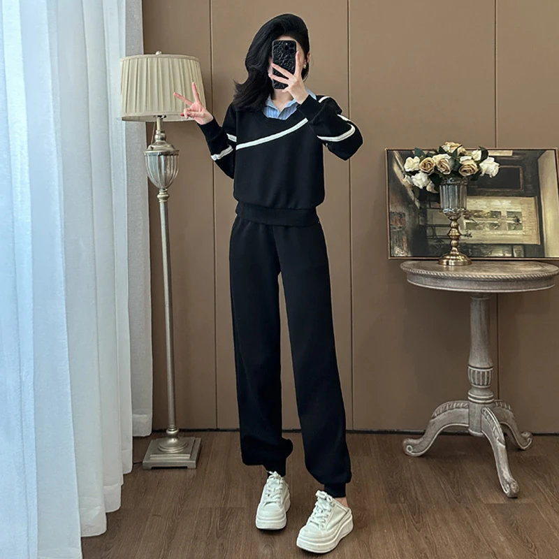 时尚休闲运动套装女2025春秋新款减龄气质宽松黑色长袖上衣阔脚裤