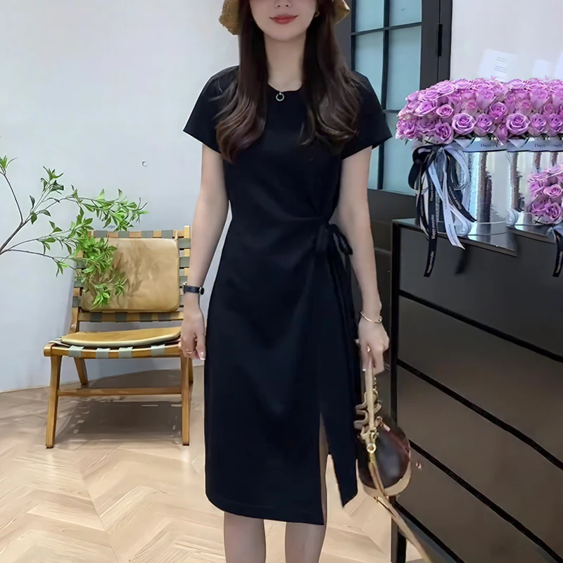 大码时尚简约纯色圆领长款绑带开叉T恤裙女2025夏季设计感连衣裙