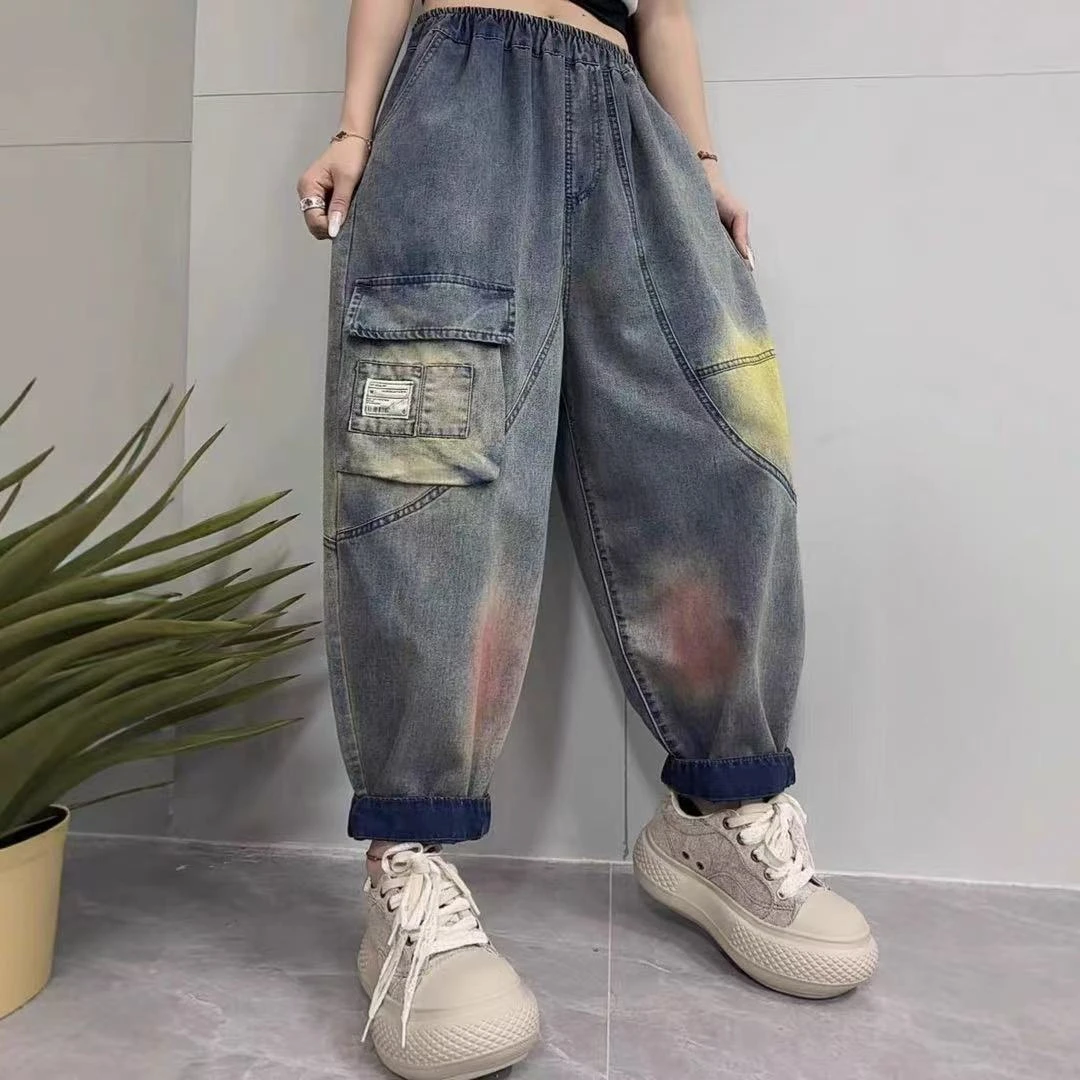 夏季印花复古牛仔裤百搭阔腿九分裤破洞裤子高腰显瘦宽松薄款