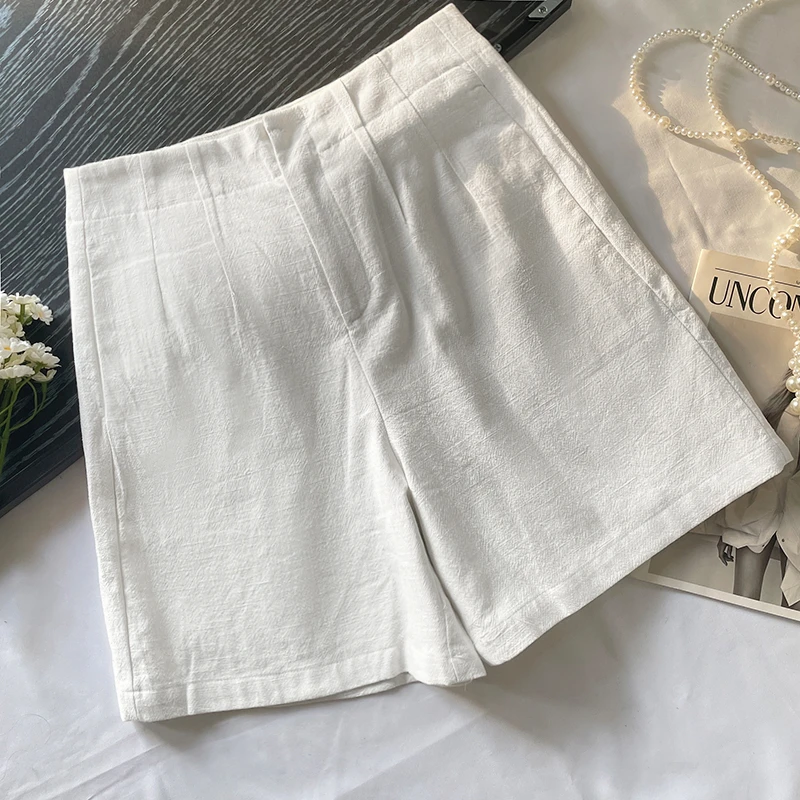 日系复古白色棉麻西装妈妈装短裤女夏季薄款高腰a字亚麻阔腿中裤