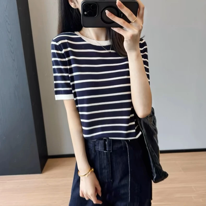 法式撞色条纹短款套头圆领半袖上衣女夏季女薄款针织T恤拼色短袖