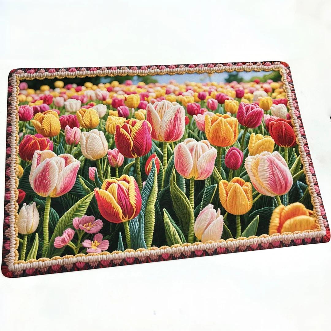 郁金香刺绣效果设计款硅藻泥地垫入户门浴室厨房卫生间吸水防滑垫