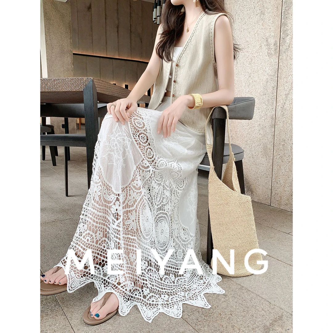 A美洋MEIYANG 微光半裙【商场同款】 镂空松紧腰中长小白裙-周五