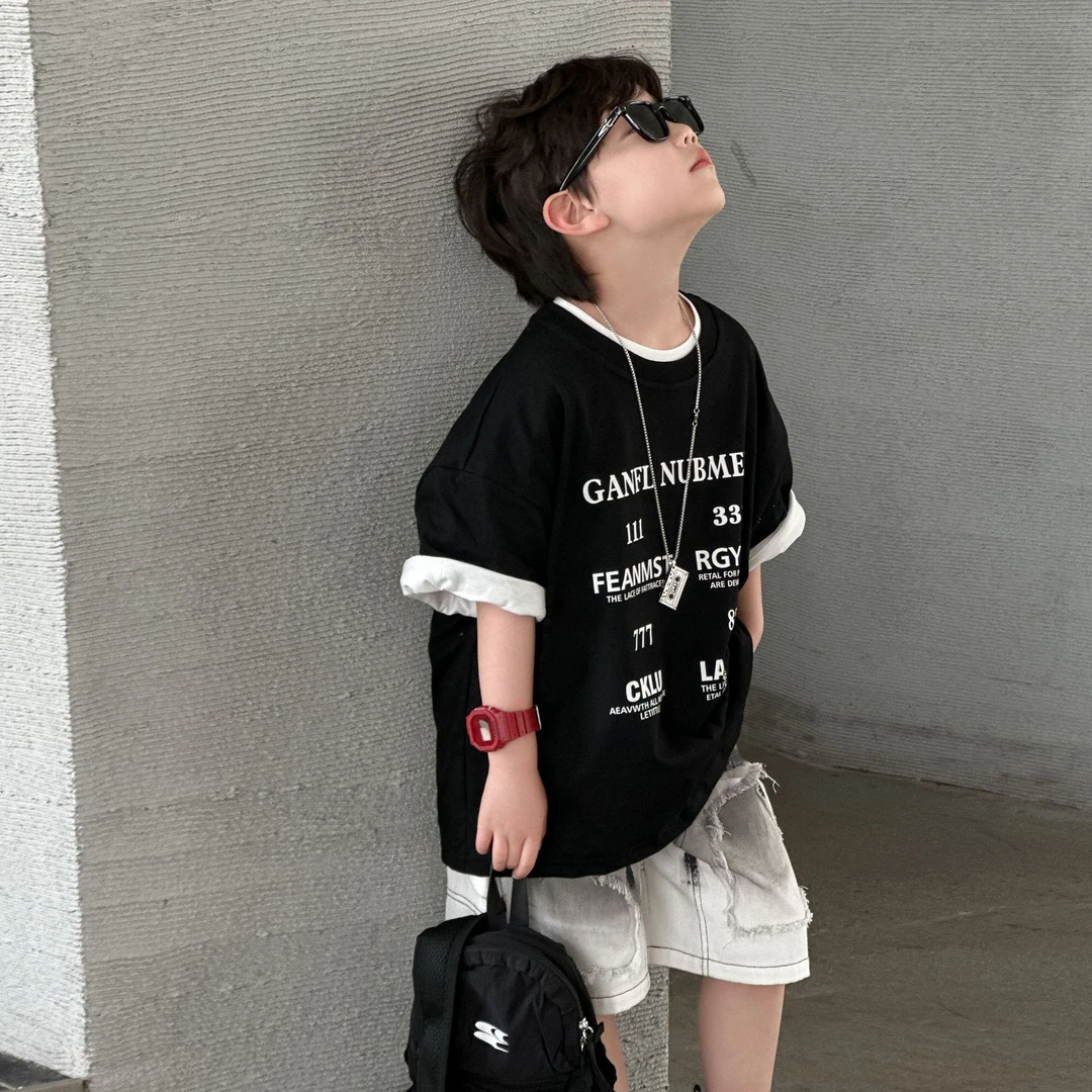 A.MU2025春夏款A.MU男童夏装纯棉短袖2025夏季新款痞帅儿童装T恤