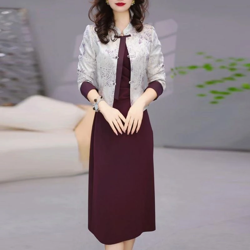 高级云锦缎优雅气质国风通勤礼服裙套装2025秋季新款两件套连衣裙