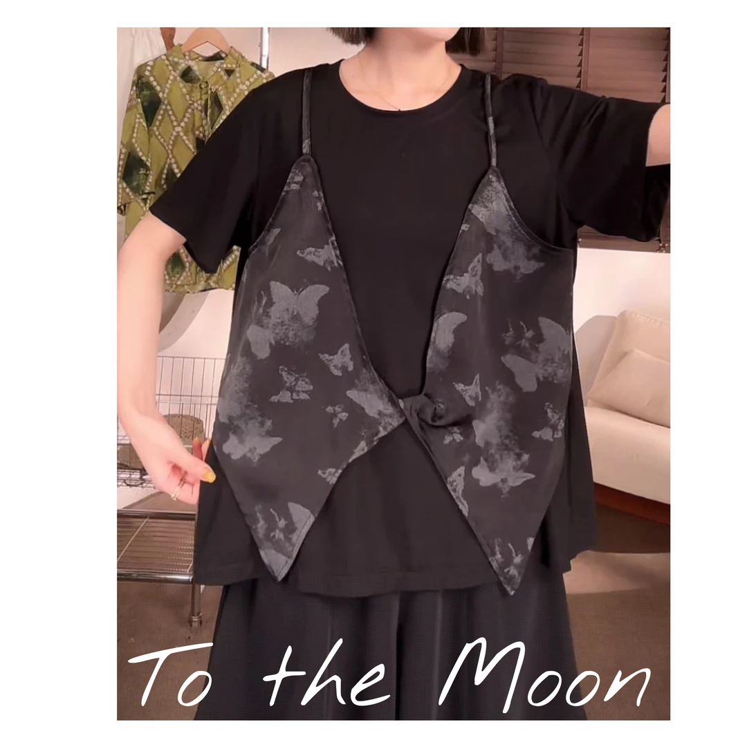 UpSd 原创【黑梦小短袖】T恤蝴蝶设计感国风宽松圆领百搭显瘦夏季