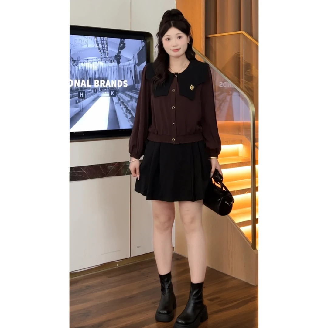 （现现款）周周微胖定制【DM145】mm遮肚气质显瘦藏肉长袖两件套装